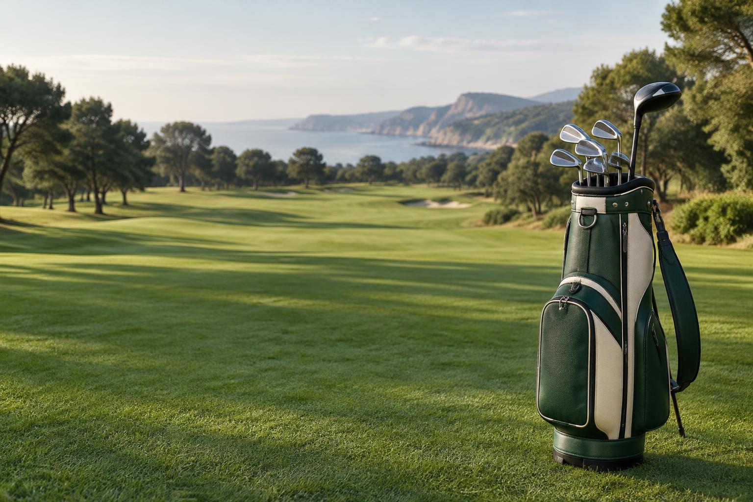 Bolsa y palos de golf en un campo junto a la costa, imagen ilustrativa